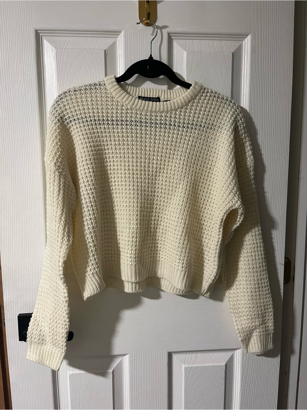 Brave Soul London Cream Open Waffle Knit Cropped Crewneck Sweater Small